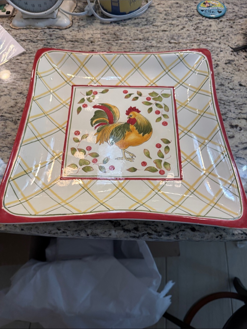 Royal Daulton 13” Rooster Square Serving Platter in Red, Yellow, Green